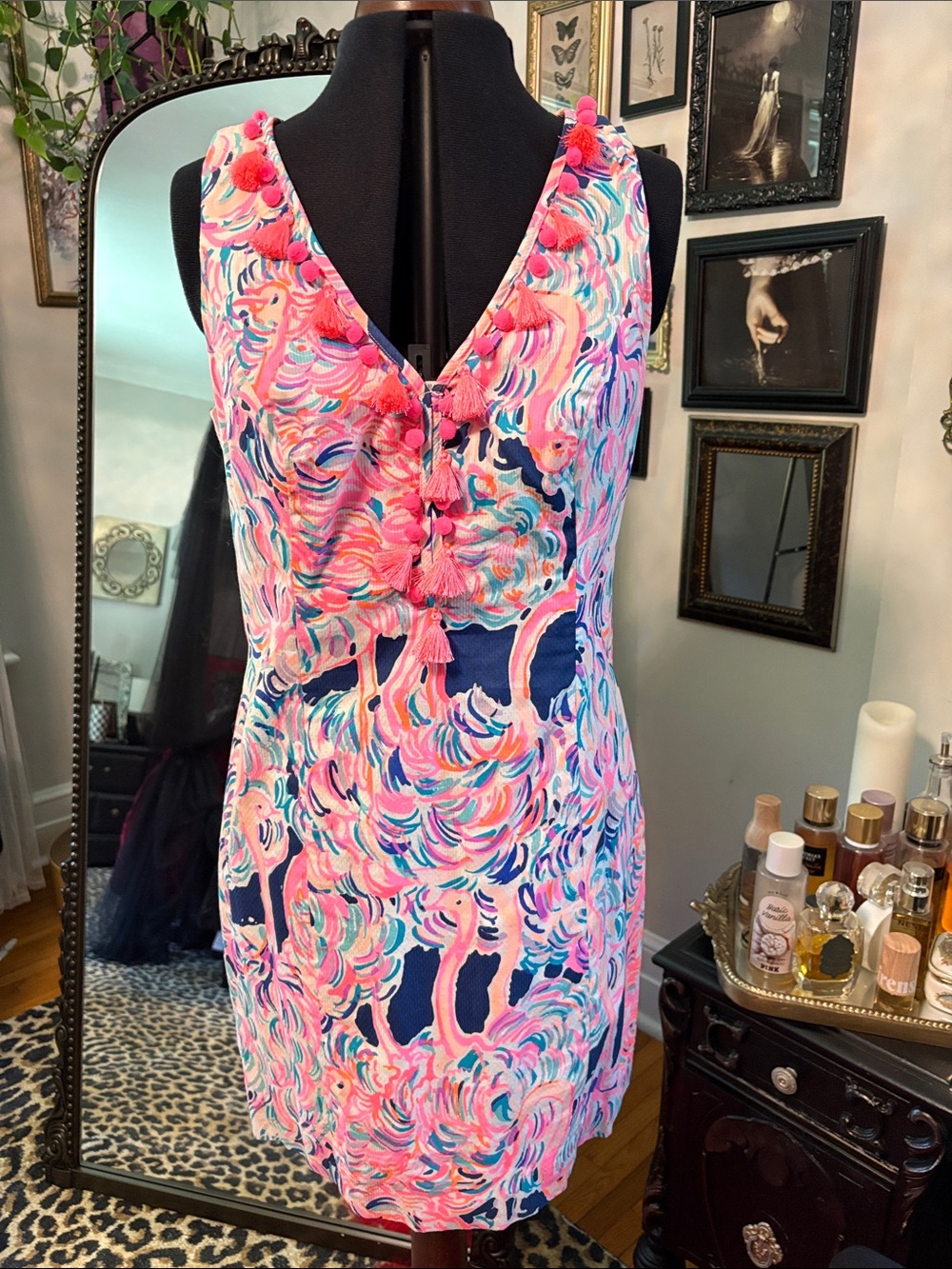 Lilly Pulitzer Pink & Navy Tassel V-Neck Mini Dress